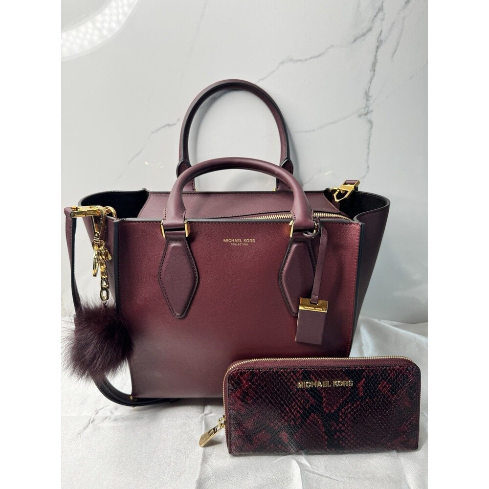 Michael Kors Collection GRACIE Tote Burgundy Leather + Python Embossed Wallet